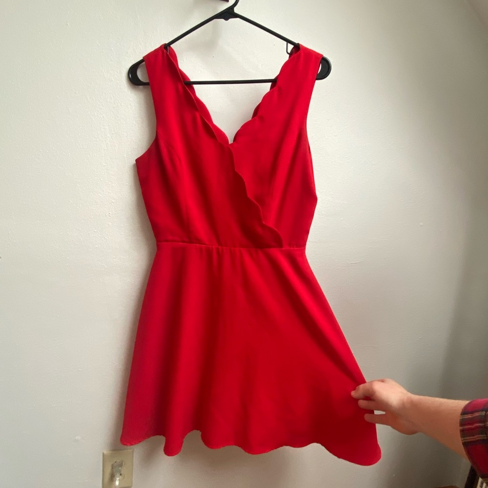Fit and Flare Red Cocktail Dress with Scalloped Neckline, Size S
